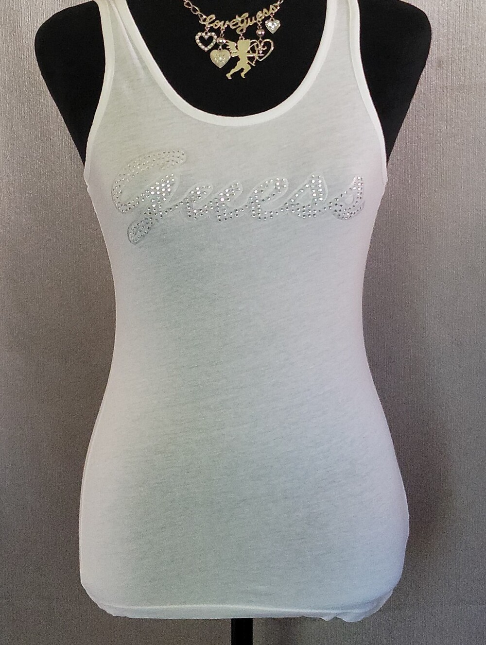 Guess White Tank Top with Rhinestone Script Logo - Picture 2 of 5